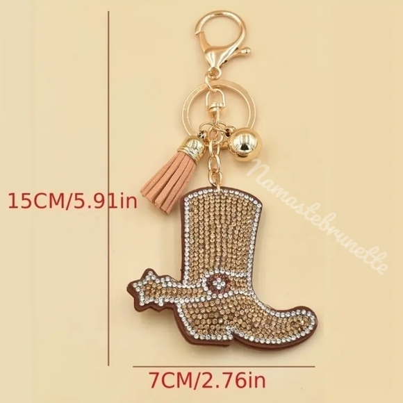 Western Boot Crystal Rhinestone Keychain Bag Charm With Tan Tassel - Picture 6 of 17